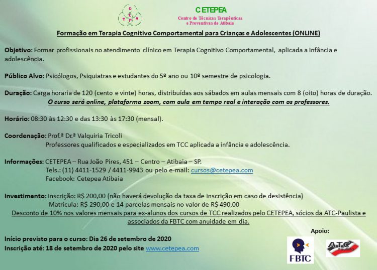 [Curso Online] Formação em Terapia Cognitivo-Comportamental para Crianças e Adolescentes