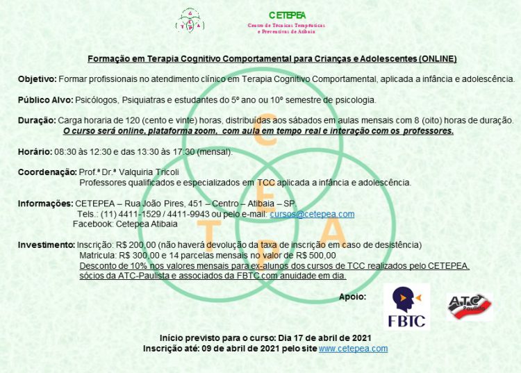 [Online] Formação em Terapia Cognitivo-Comportamental para Crianças e Adolescentes