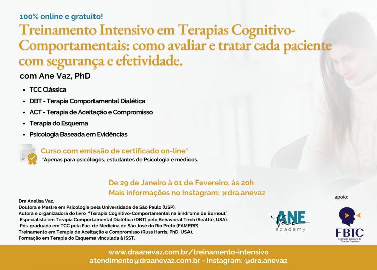 Curso: Treinamento Intensivo em Terapias Cognitivo-Comportamentais: como avaliar e tratar cada paciente com segurança e efetividade (100% gratuito, online e com certificado) – com Ane Vaz, PhD